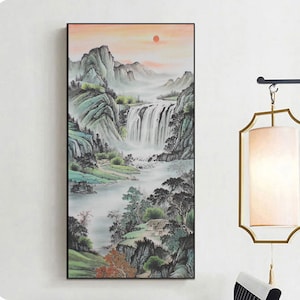 Hand-Painted waterfalls and mountains art|Chinse landscaple painting|original brush painting, living room wall decor, entry way wall art