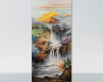 Modern impressionism, Godden mountain, oil painting,  original hand-painted, mountain and waterfall art,  large vertical 60x120 cm, unframed