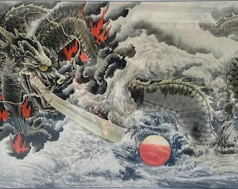 Black Ink Wash Dragon with Red Accents (138 cm W × 68 cm H) Hand-painted, legendary creature in Chinese mythology