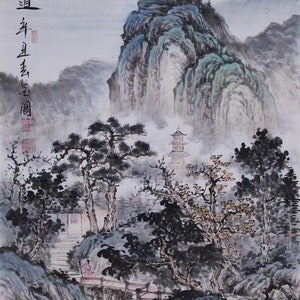 May include: A traditional Chinese ink and wash painting depicting a misty mountain landscape with a pagoda, trees, and a bridge. The painting is done in shades of gray, black, and green, with hints of blue and white. The text in the upper left corner reads "雲上道", which translates to "The Way Above the Clouds".