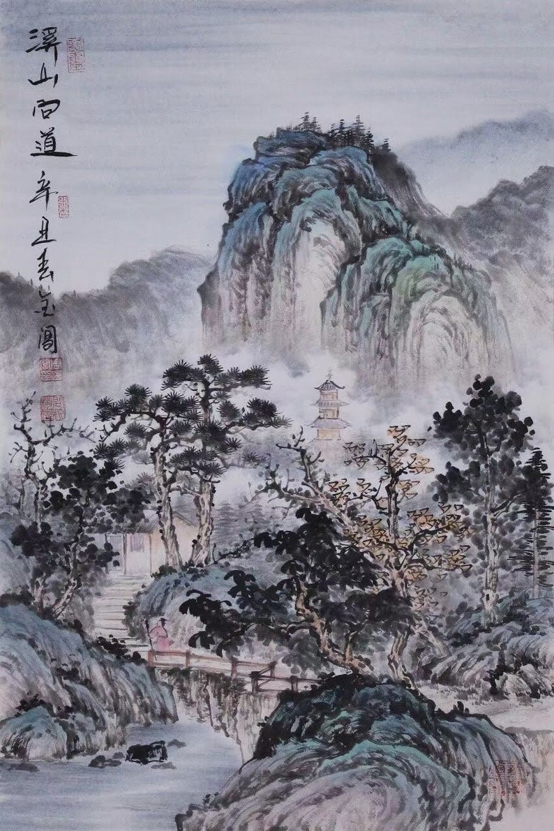 May include: A traditional Chinese ink and wash painting depicting a misty mountain landscape with a pagoda, trees, and a bridge. The painting is done in shades of gray, black, and green, with hints of blue and white. The text in the upper left corner reads "雲上道", which translates to "The Way Above the Clouds".