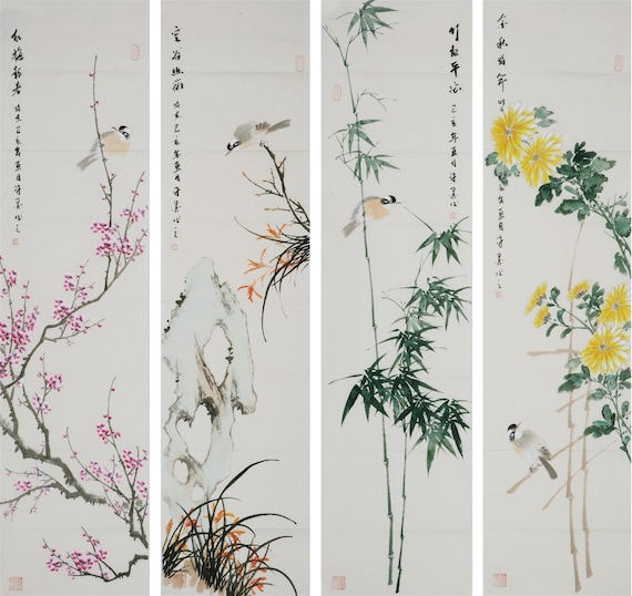 Traditional Chinese Four-panel Flower-and-bird Set – Plum Blossom