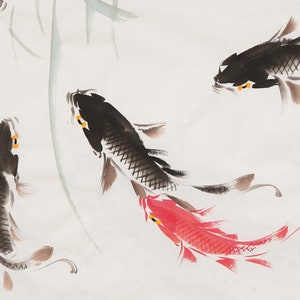 Ink wash koi fish painting, original Chinese brush painting, large horizontal hand-painted koi fish pond, Feng shui nine koi fish, 53x26 HK image 6