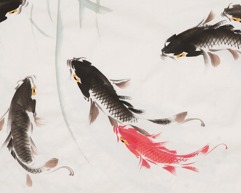 Ink wash koi fish painting, original Chinese brush painting, large horizontal hand-painted koi fish pond, Feng shui nine koi fish, 53x26 HK image 6