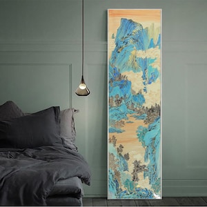 Hand-painted long vertical 泥金 Nijin landscape art, lacquer painted Shan shui art, unframed Original Chinese landscape painting, Authentic