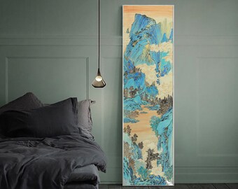 Hand-painted long vertical 泥金 Nijin landscape art, lacquer painted Shan shui art, unframed Original Chinese landscape painting, Authentic