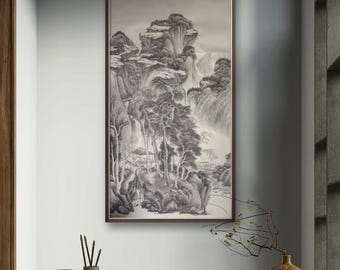 Hand-Painted Chinese Landscape Painting | Cloudy Peaks Pine Streams | Original Ink Wash Art on Xuan Paper | Authentic Mountain Waterfall Art