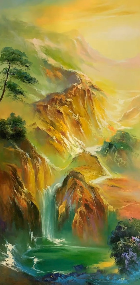 Golden Mountain and Waterfall Painting, Original Hand-painted Oil