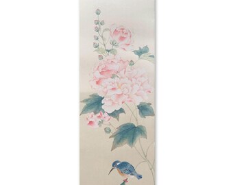 Orange-pink Chinese rose art, Original hand-painted brush painting, meticulous soft color rosemallow blossoms, vertical narrow 21x69 cm