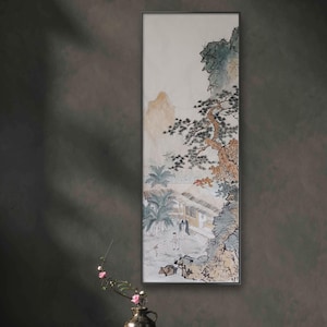 Vertical narrow hand Painted Chinese landscape painting, Ink Color on Xuan Paper, authentic Chinese ink brush painting, Original 48.5x136 cm