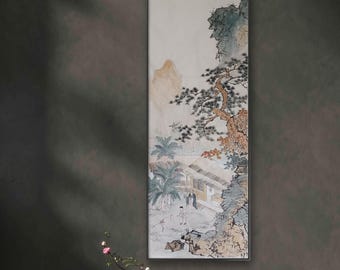 Vertical narrow hand Painted Chinese landscape painting, Ink Color on Xuan Paper, authentic Chinese ink brush painting, Original 48.5x136 cm