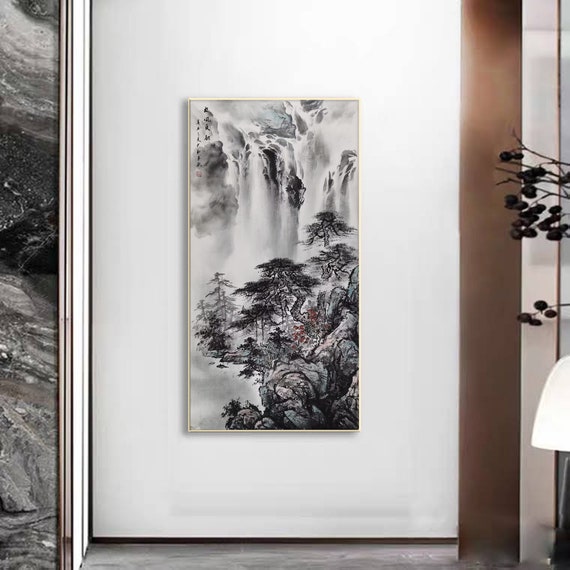 【原画】水墨画 松と山の景色 額縁付き 和風アート 一点物 松瀑图, Spectacular Pine Tree and Waterfalls Chinese