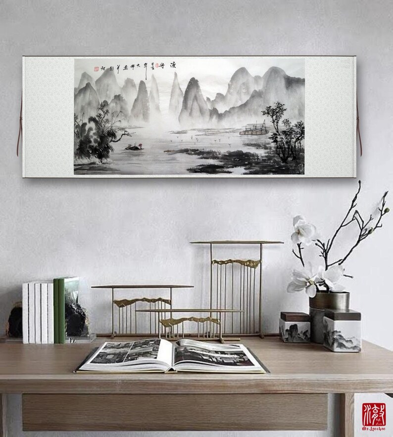 Original Chinese Shan shui painting, Minimal abstract ink wash painting, 100% hand-painted, shuimo painting, horizontal 19.7"x39.4" 49x99 cm Bild 4