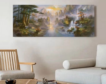 Chinese landscape oil painting, misty mountains, original hand-painted, Taiwan artist, 清风, large horizontal painting, 180x70 cm, unframed