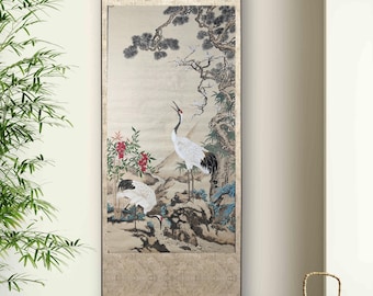 Longevity Cranes and Pine Painting – Chinese Gongbi Bird Art on Handmade Xuan Paper, Original Hand-painted Artwork, Unframed or Silk Scroll