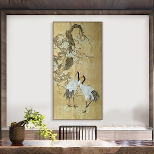 Original Chinese Gongbi red-crowned cranes and plum blossoms, Antique style hand painted crane art, large vertical unframed original art