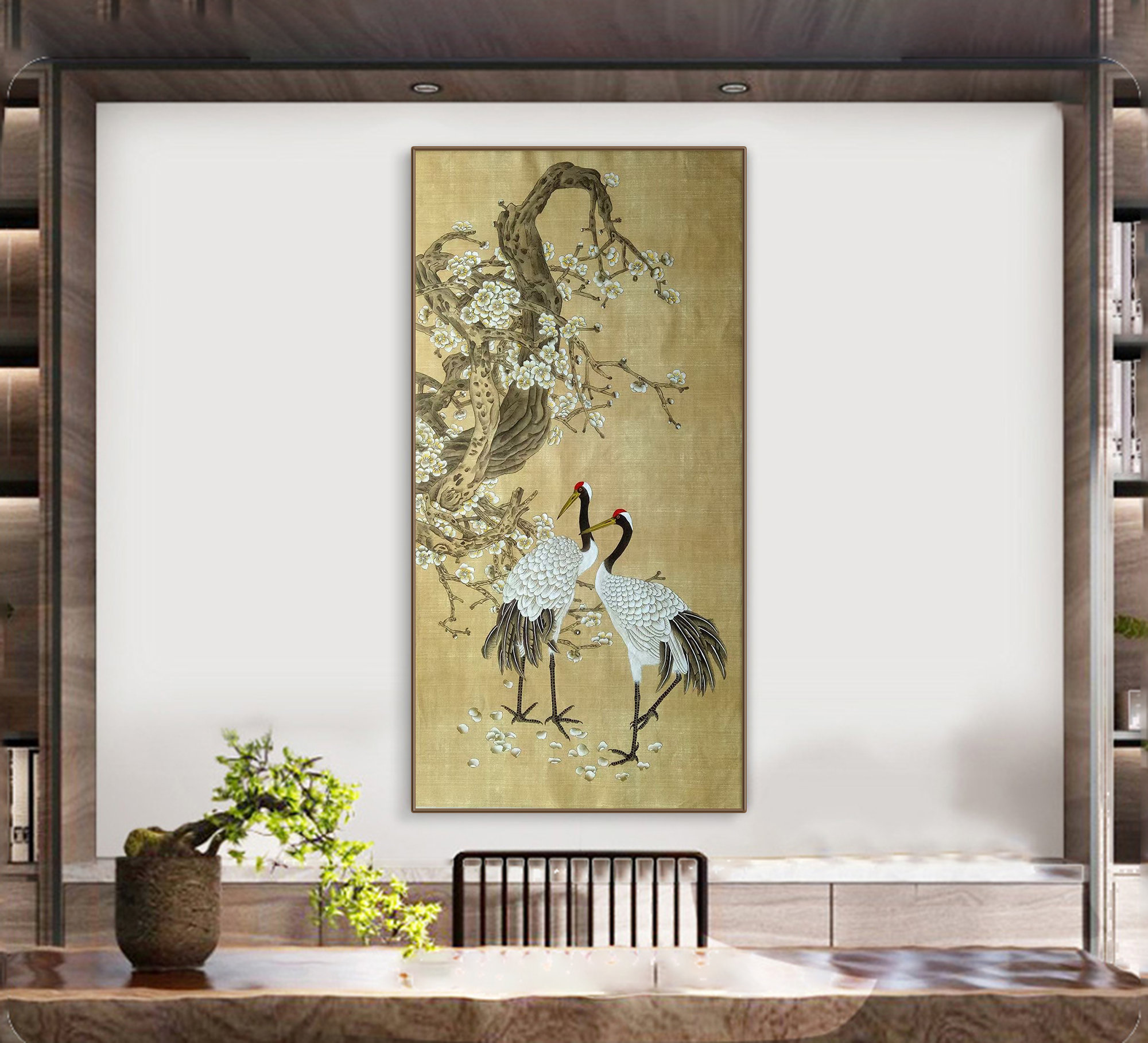 Original Chinese Gongbi red-crowned cranes and plum blossoms, Antique style hand painted crane art, large vertical unframed original art