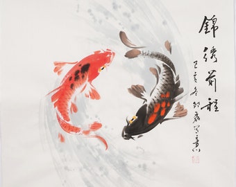 手描きの鯉のアート、オリジナルの中国の水彩画の鯉の絵、フリーハンド