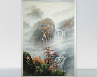 Chinee modern art, autumn natural scenery oil painting, hand-painted, stretched canvas painting, misty mountain landscape 49.5x72 cm