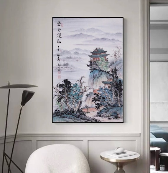 登高揽胜, Authentic Hand-painted Chinese painting, Chinese pavilion on mountain top, Original ink wash landscape painting, vertical small size