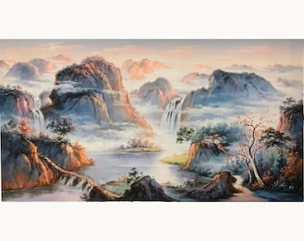 New oriental Shan shui painting, mountains and waters painting, original hand-painted oil painting, large landscape painting 120x60 cm