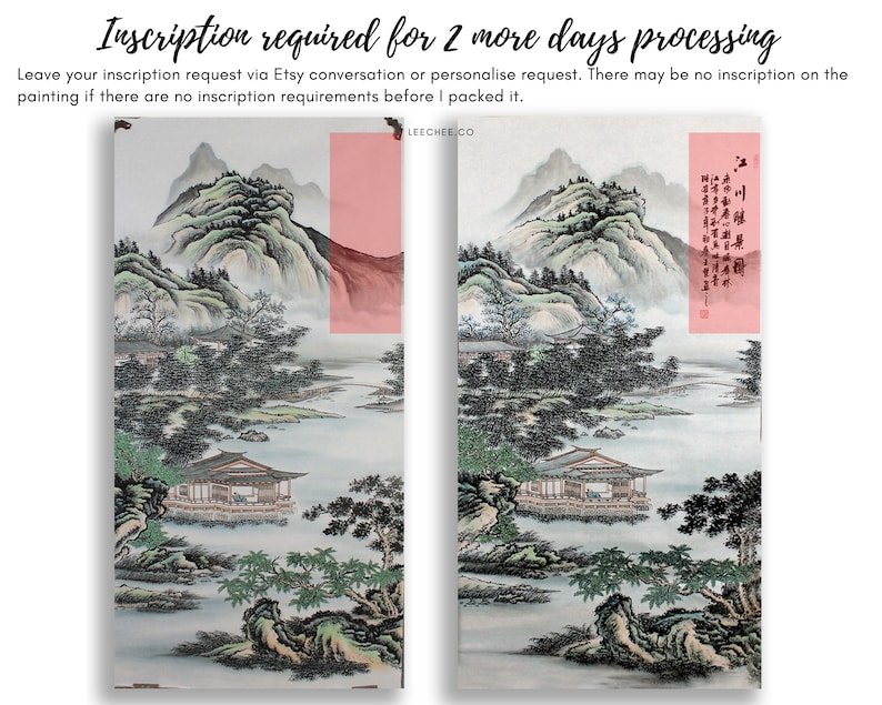 Puede incluir: Una pintura tradicional china con tinta que representa un paisaje con monta&ntilde;as, &aacute;rboles, un r&iacute;o y una peque&ntilde;a casa. La pintura est&aacute; realizada en tonos grises, verdes y azules. La inscripci&oacute;n en el lado derecho de la pintura dice "Inscripci&oacute;n requerida para 2 d&iacute;as m&aacute;s de procesamiento".