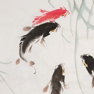 Ink wash koi fish painting, original Chinese brush painting, large horizontal hand-painted koi fish pond, Feng shui nine koi fish, 53x26 HK image 5