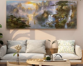 Chinese landscape oil painting, misty mountains, original hand-painted, Taiwan artist, 清风, large horizontal painting, 180x70 cm, unframed