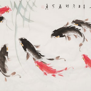 Ink wash koi fish painting, original Chinese brush painting, large horizontal hand-painted koi fish pond, Feng shui nine koi fish, 53x26 HK image 4