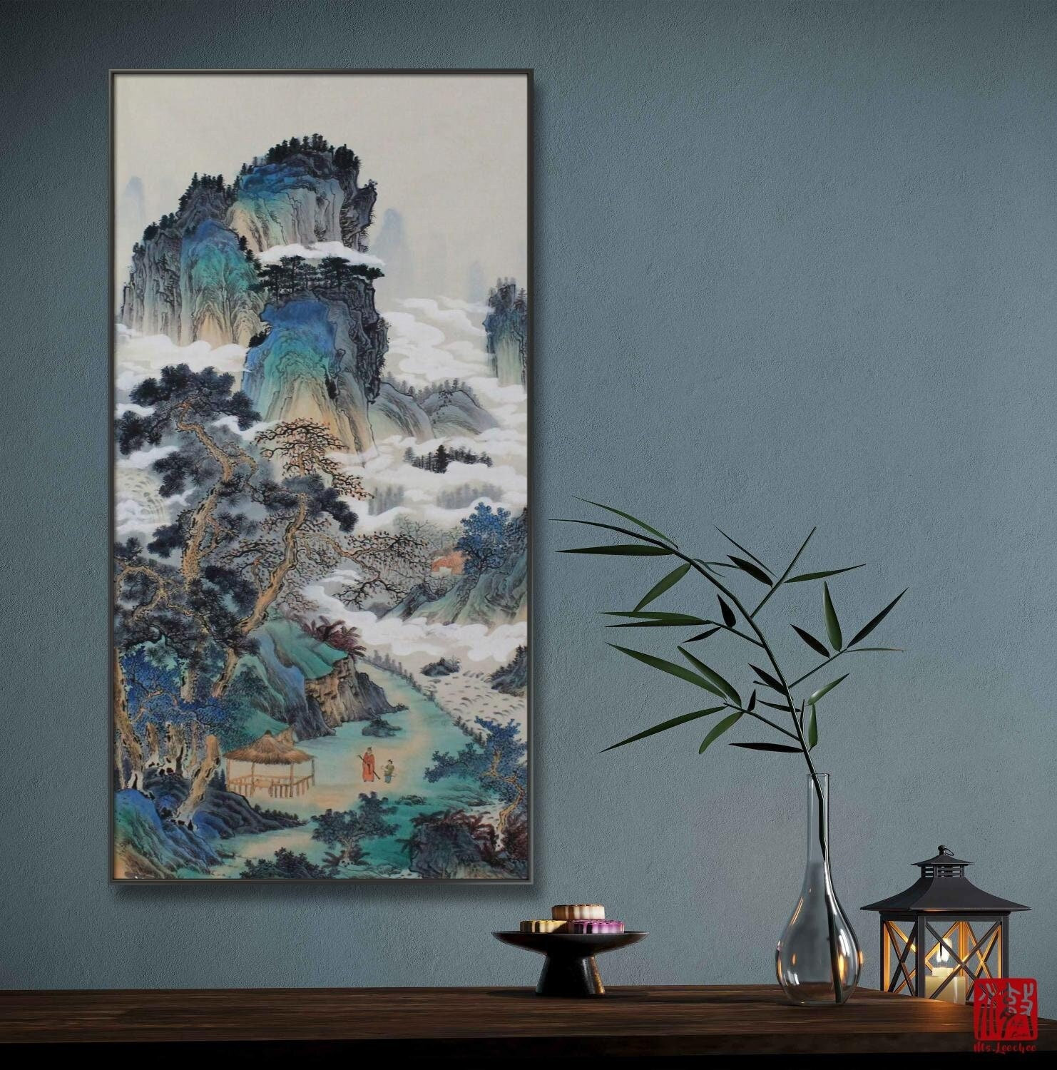 Original Chinese Painting, Teal Mountains Landscape, Hand-painted