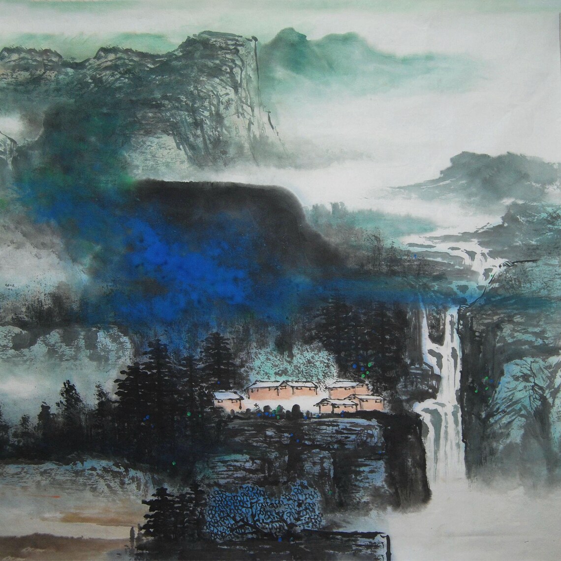 Original ink wash painting Handpainted blue and green color Etsy