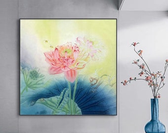 Hand painted lotus blossoms, romantic bright and clean flower petals, Chinese Gongbi painting, original lotus flower brush painting