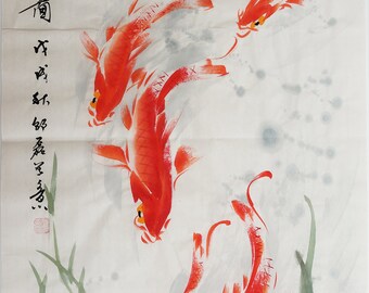 100% 手描きの中国水彩鯉魚アート、細身の縦鯉の絵、オリジナルの