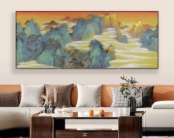 Morning Glow over Emerald Peaks | Original Hand-Painted Chinese Landscape | Ink Wash Painting on Xuan Paper | 178×68cm Qinglü Shanshui朝霞碧峰图