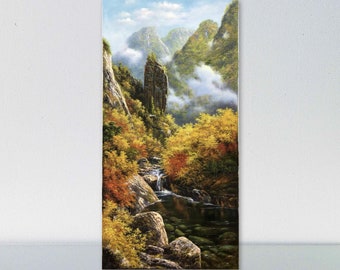 Autumn sunny day, flaming mountain art, mountain and stream landscape art, original hand-painted, oil painting, large vertical 63x143 cm