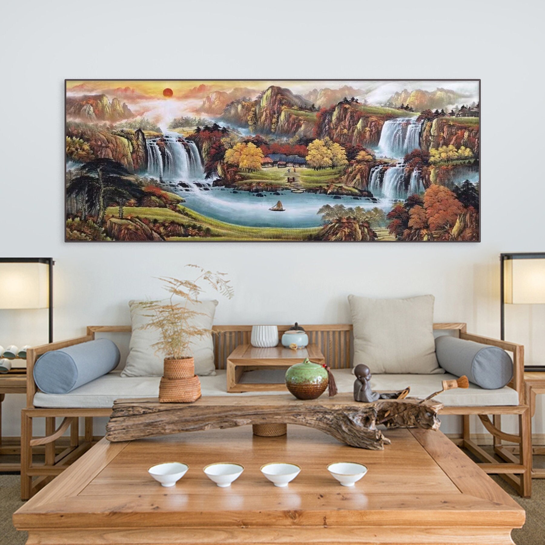 Hand-Painted Shan Shui painting, ink brush mountain and water art, Original Chinese landscape painting, Asian Feng Shui painting wall décor