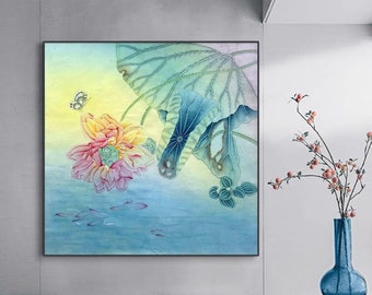 Vibrant and bright lotus flower painting, Hand painted, romantic clean and pure petals, Chinese Gongbi painting, original lotus painting