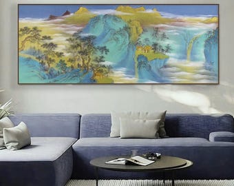 Emerald Peaks & Cloud Waterfall | Original Hand-Painted Chinese Landscape | Authentic Blue-Green Shanshui Painting | 178×68cm Unique piece