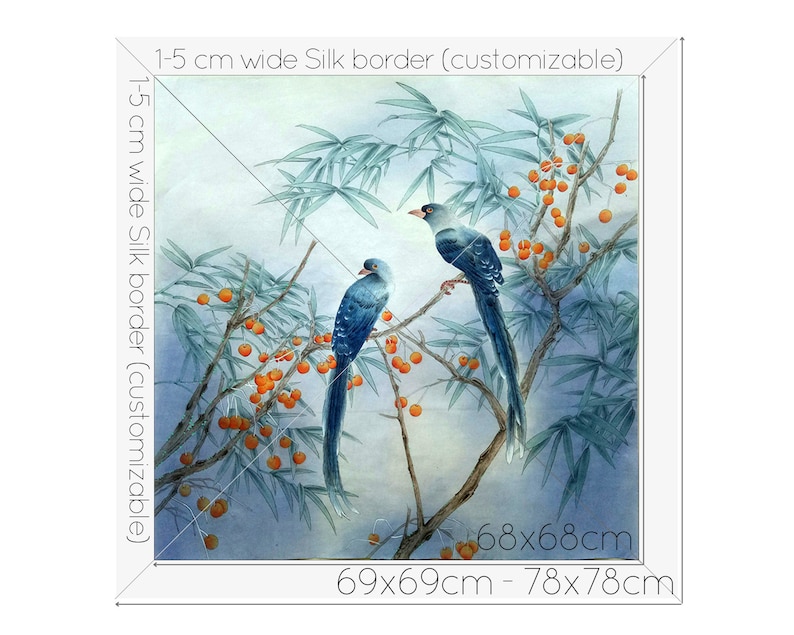 May include: A watercolor painting of two blue birds perched on a branch of a tree with orange berries. The background is a light blue with a watercolor wash effect. The painting is framed with a 1-5 cm wide silk border that is customizable.