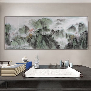 Misty mountain peaks landscape brush painting, Authentic original painting, Chinese Shan shui painting, clouds mountains wall art 180x68 cm
