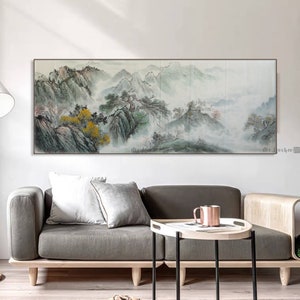 Chinese traditional brush painting, Misty mountain peaks and pine tree, Authentic original Chinese landscape painting, Shan shui painting