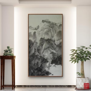 Authentic Chinese ink wash painting, ink brush painting, Secluded Tranquility Amidst the Mountains, large vertical original hand-painted
