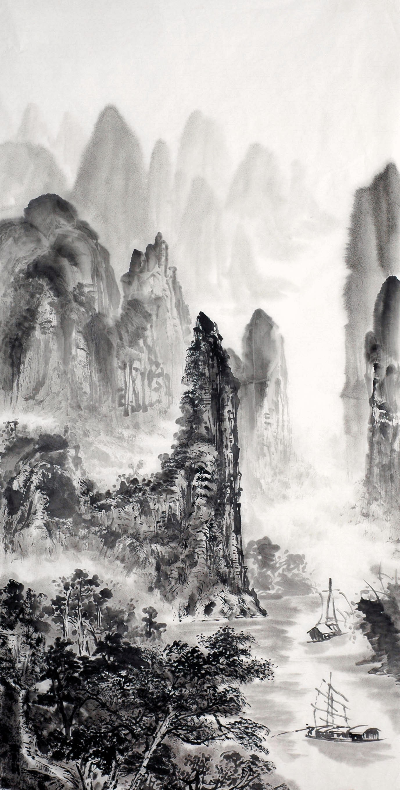 Minimal Abstract Ink Wash Painting, Original Vertical Chinese Shan