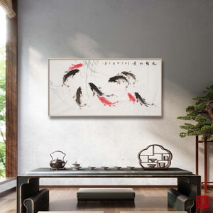 Ink wash koi fish painting, original Chinese brush painting, large horizontal hand-painted koi fish pond, Feng shui nine koi fish, 53x26 HK image 2
