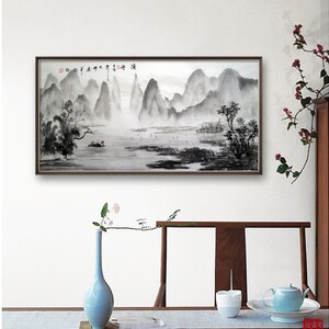 Original Chinese Shan shui painting, Minimal abstract ink wash painting, 100% hand-painted, shuimo painting, horizontal 19.7"x39.4" 49x99 cm Bild 3