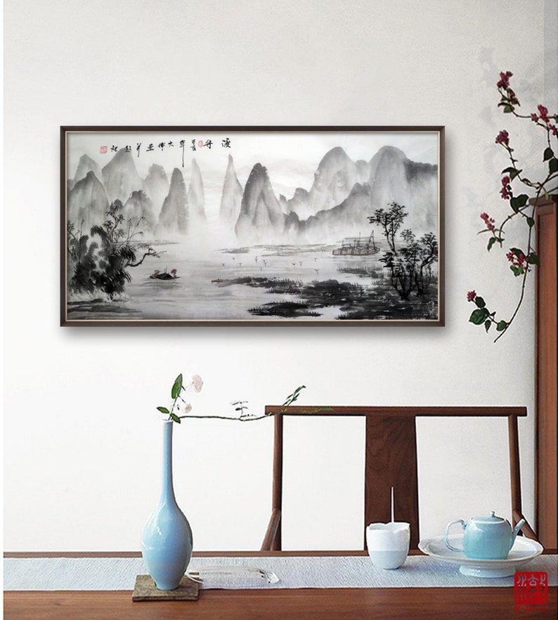 Original Chinese Shan shui painting, Minimal abstract ink wash painting, 100% hand-painted, shuimo painting, horizontal 19.7"x39.4" 49x99 cm Bild 3