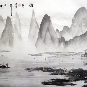 Original Chinese Shan shui painting, Minimal abstract ink wash painting, 100% hand-painted, shuimo painting, horizontal 19.7"x39.4" 49x99 cm Bild 5
