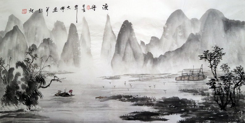 Original Chinese Shan shui painting, Minimal abstract ink wash painting, 100% hand-painted, shuimo painting, horizontal 19.7"x39.4" 49x99 cm Bild 5