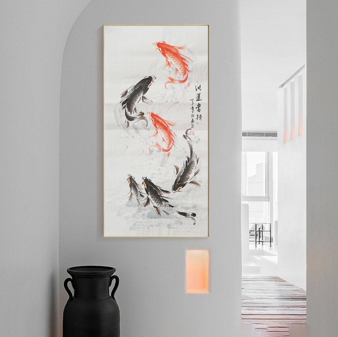 100% 手描きの中国水彩鯉魚アート、細身の縦鯉の絵、オリジナルの