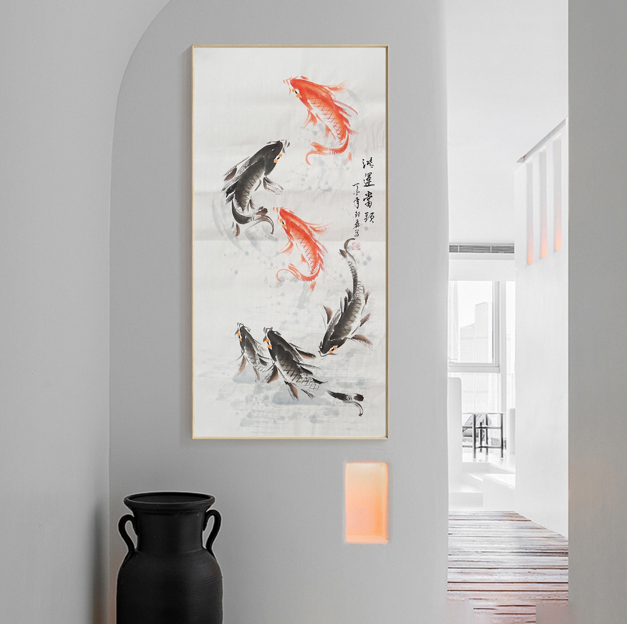 100% 手描きの中国水彩鯉魚アート、細身の縦鯉の絵、オリジナルの 100% 手描きの中国水彩鯉魚アート、細身の縦鯉の絵、オリジナルの